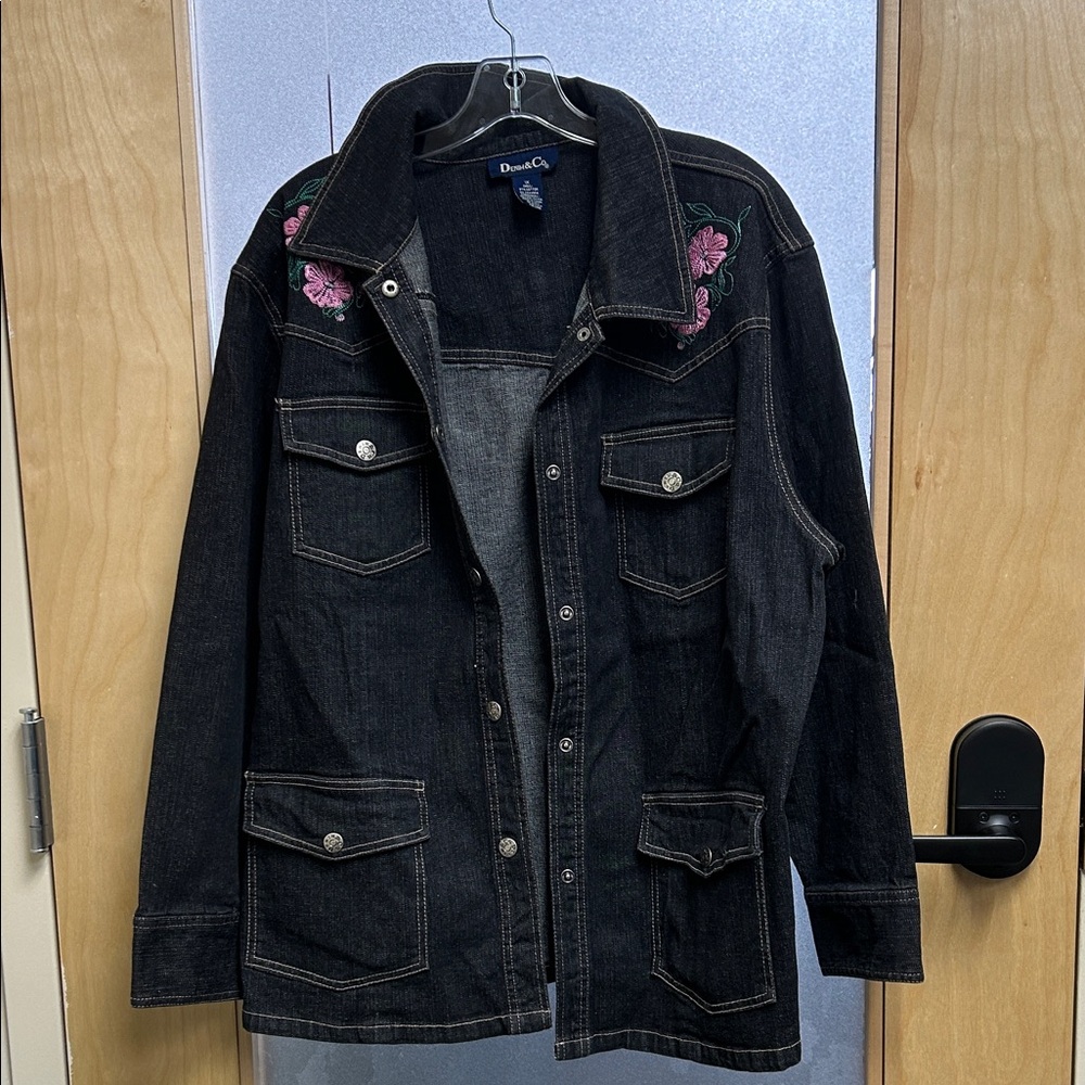 Denim&Co Black Jacket with Pink Floral Embroidery